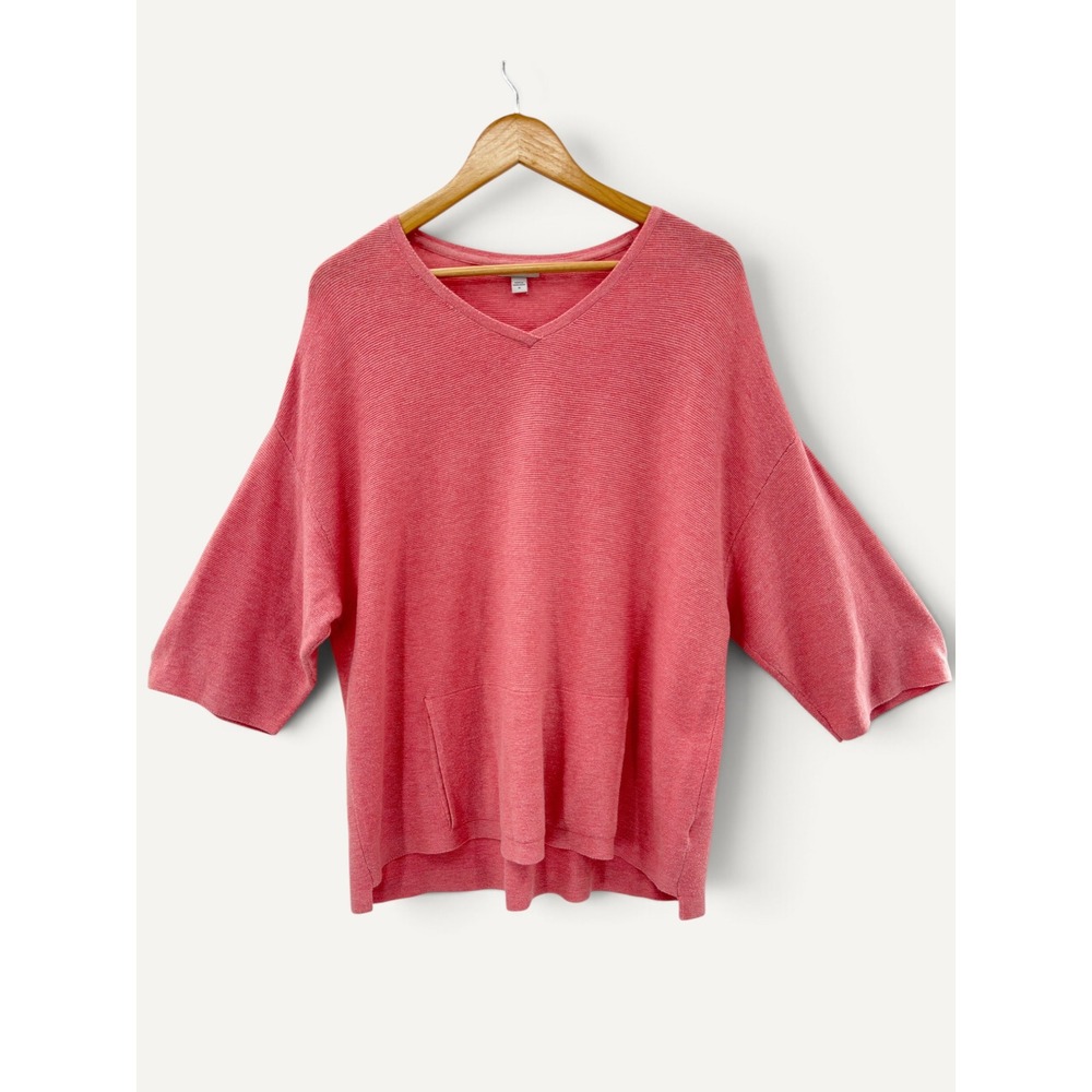 J. Jill Pure Jill Cotton Silk Wool Sweater Pink V-Neck Pocket Ribbed Knit Fall